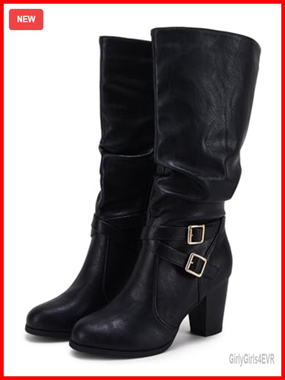 Mid Calf Chunky Heel Slouchy Boots Faux Leather Side Zipper Metal Buckle